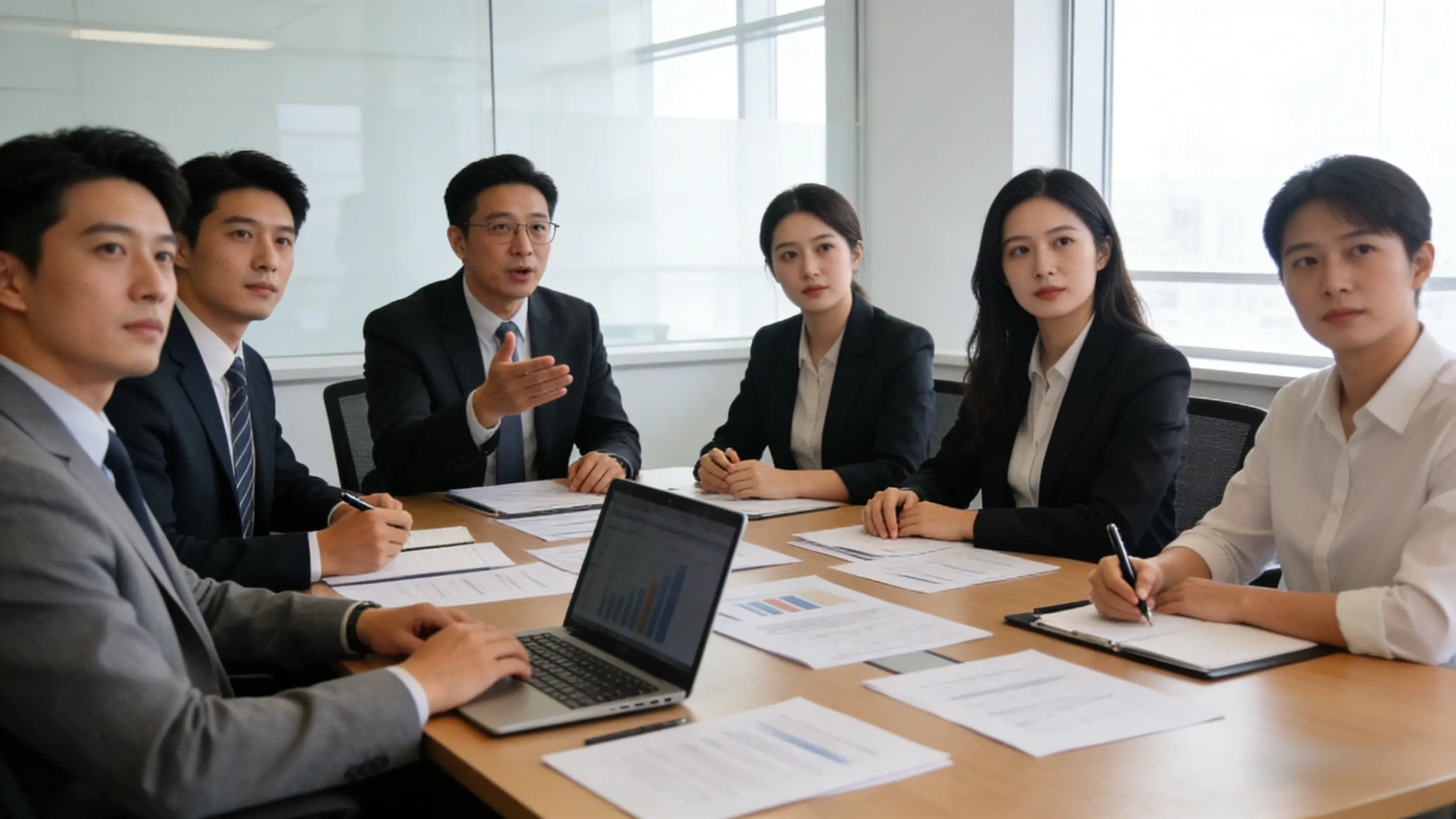 Wanjia Paper management team discussing business philosophy and strategic planning in conference room