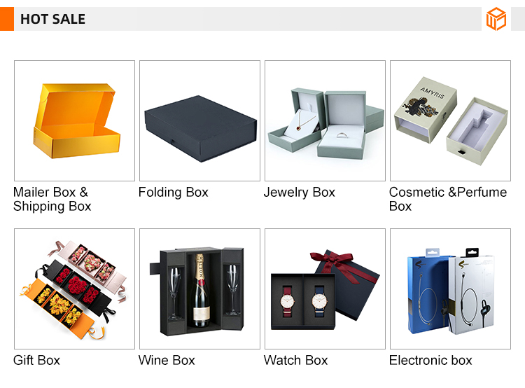 Various custom box types: mailer box, jewelry box, gift box, wine box, electronic box